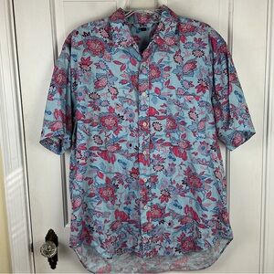 Boden Men's Linen Blue Floral Button Down Short Sleeve Shirt